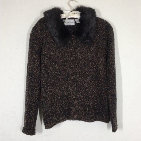 Vintage Sharon Young Cardigan Faux Fur Collar - Picture 1 of 6